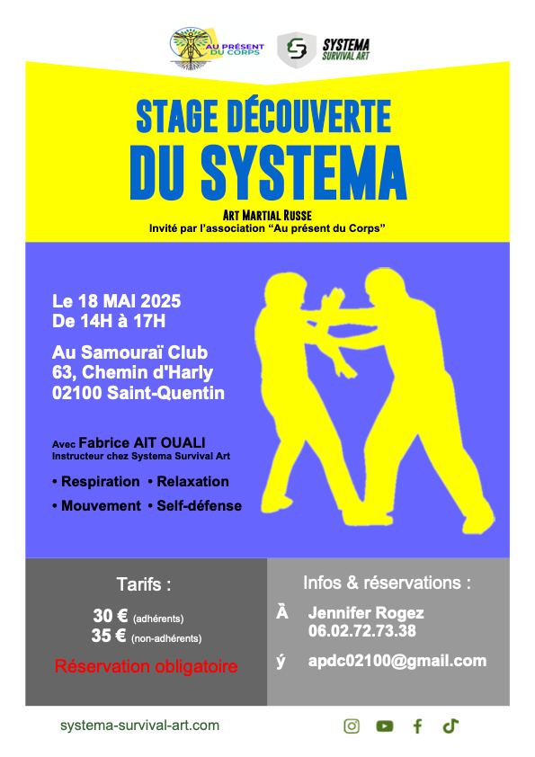 Affiche. Stage découverte du systema - Art martial russe (Cистема), par Fabrice Ait Ouali, instructeur. 2025-05-18